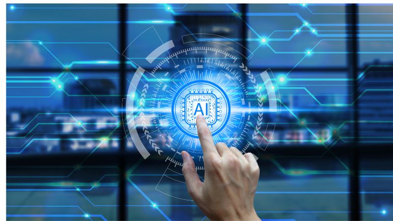 Glass screen with AI in web of lights