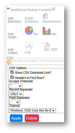 CSV options for downloading case management system data.