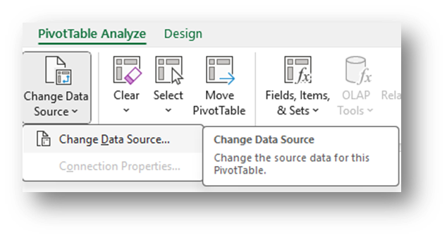 PivotTable Analyze pane with change data source option in use