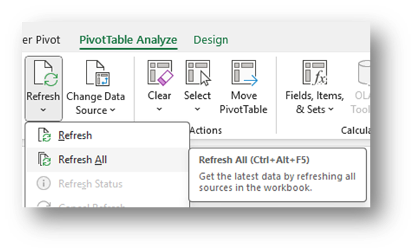 PivotTable Analyze pane with Refresh All selected