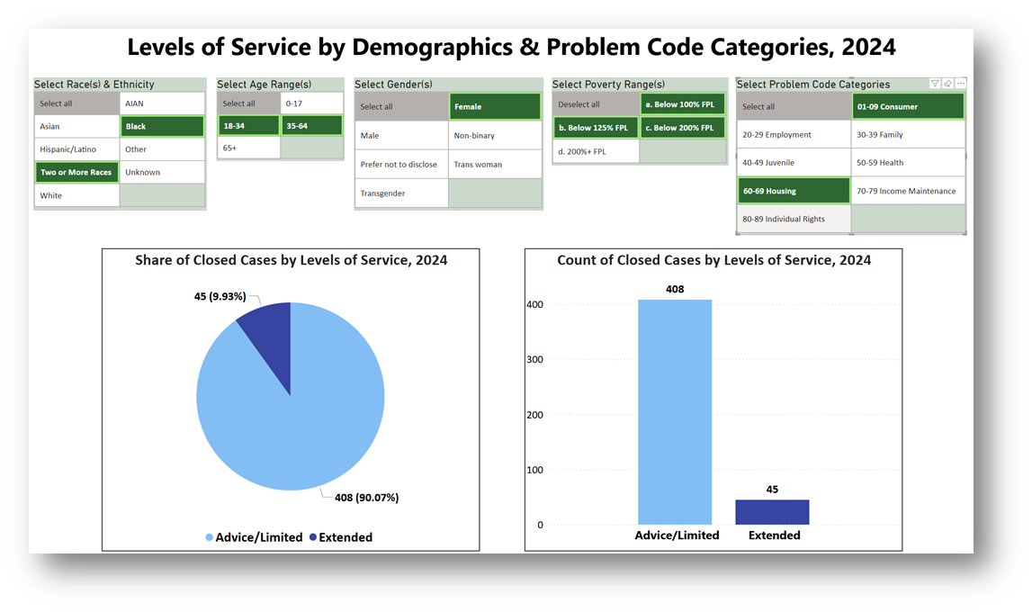 Levels of service by demographics and problem code example