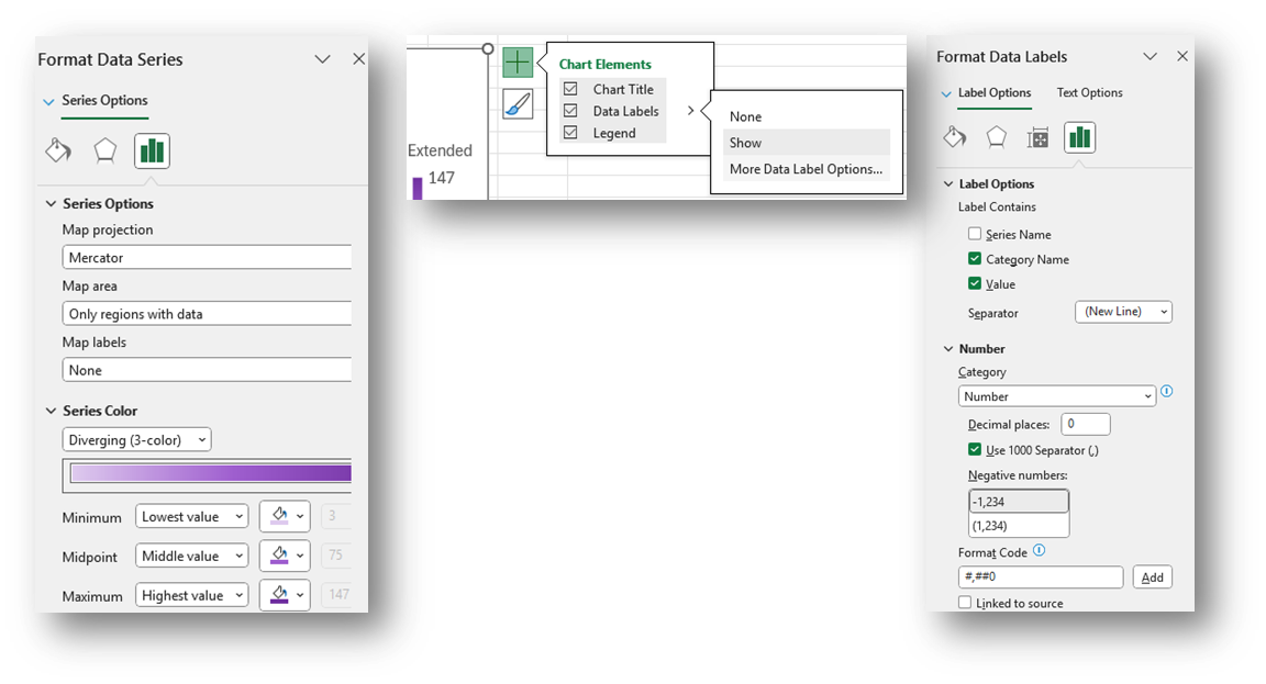 Format Data Series, chart elements, and Format Data Labels selection window examples