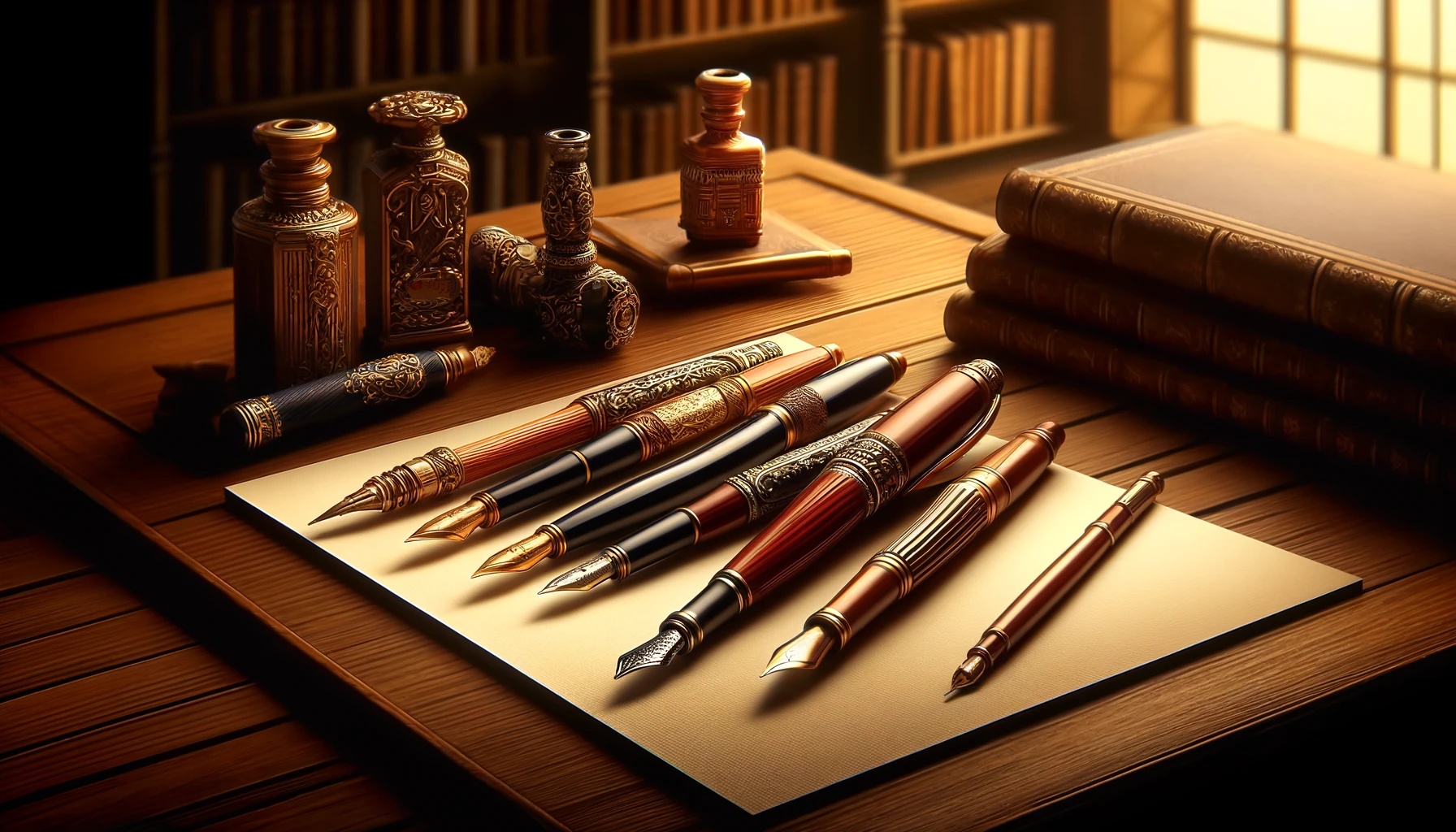 AI generated image of ornate pens and pencils sitting atop a wooden desk surrounded by ink wells and law books