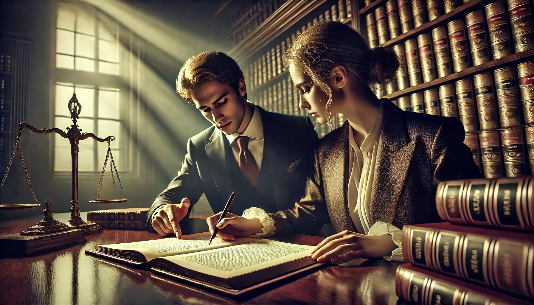 Two colleagues sitting at a large wooden table writing a legal document 