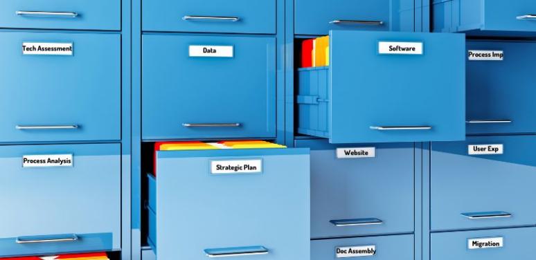 Blue file cabinet drawers are shown with some drawers open with colorful file folders inside