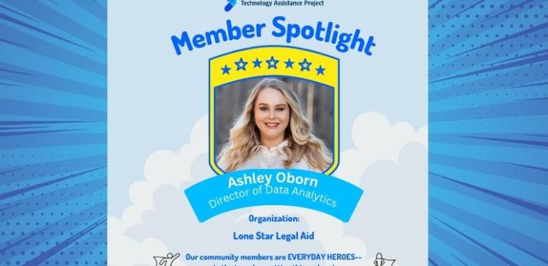 A blue page with a picture in the middle. The top text displays the words member spotlight. Below is a picture of Ashley in a yellow frame. Underneath the picture it says Ashley Oborn. At the bottom is the text our community members are everyday heroes in the trenches getting things done.