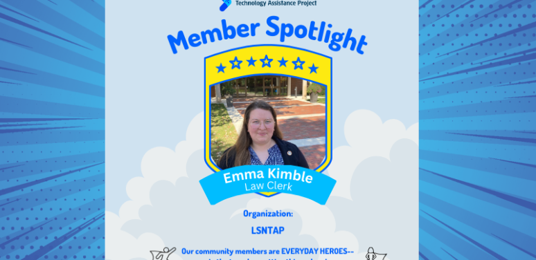 A blue page with a picture in the middle. The top text displays the words member spotlight. Below is a picture of Emma in a yellow frame. Underneath the picture it says Emma Kimble. At the bottom is the text our community members are everyday heroes in the trenches getting things done